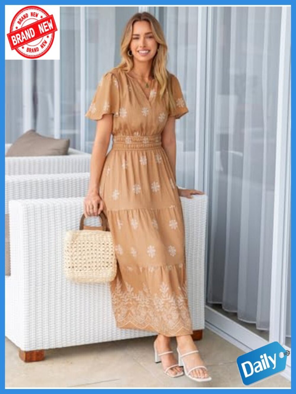 Boho Maxi Dress V-Neck Short Sleeve Floral Tiered Flowy Wedding Guest - Picture 3 of 6
